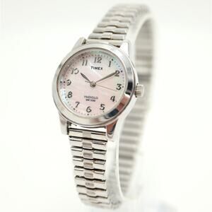 Timex Indiglo Silver Tone MOP 26mm Womens Watch Stretch Band w New Battery